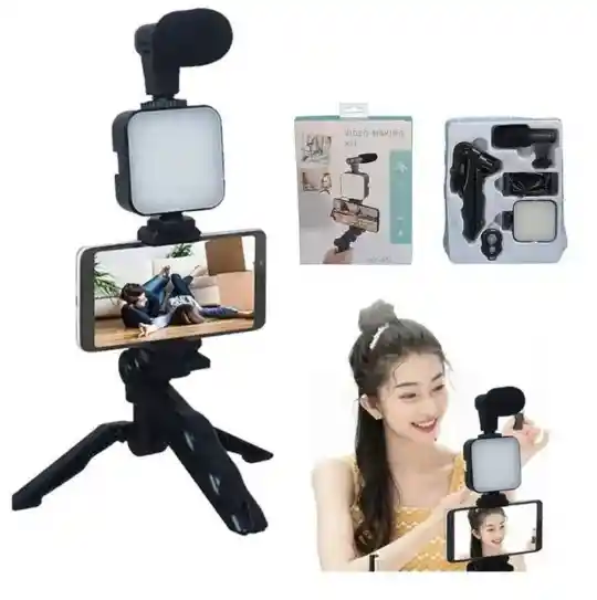 Kit Streamig Vlogs Luz Led Video Micrófono Mini Tripode