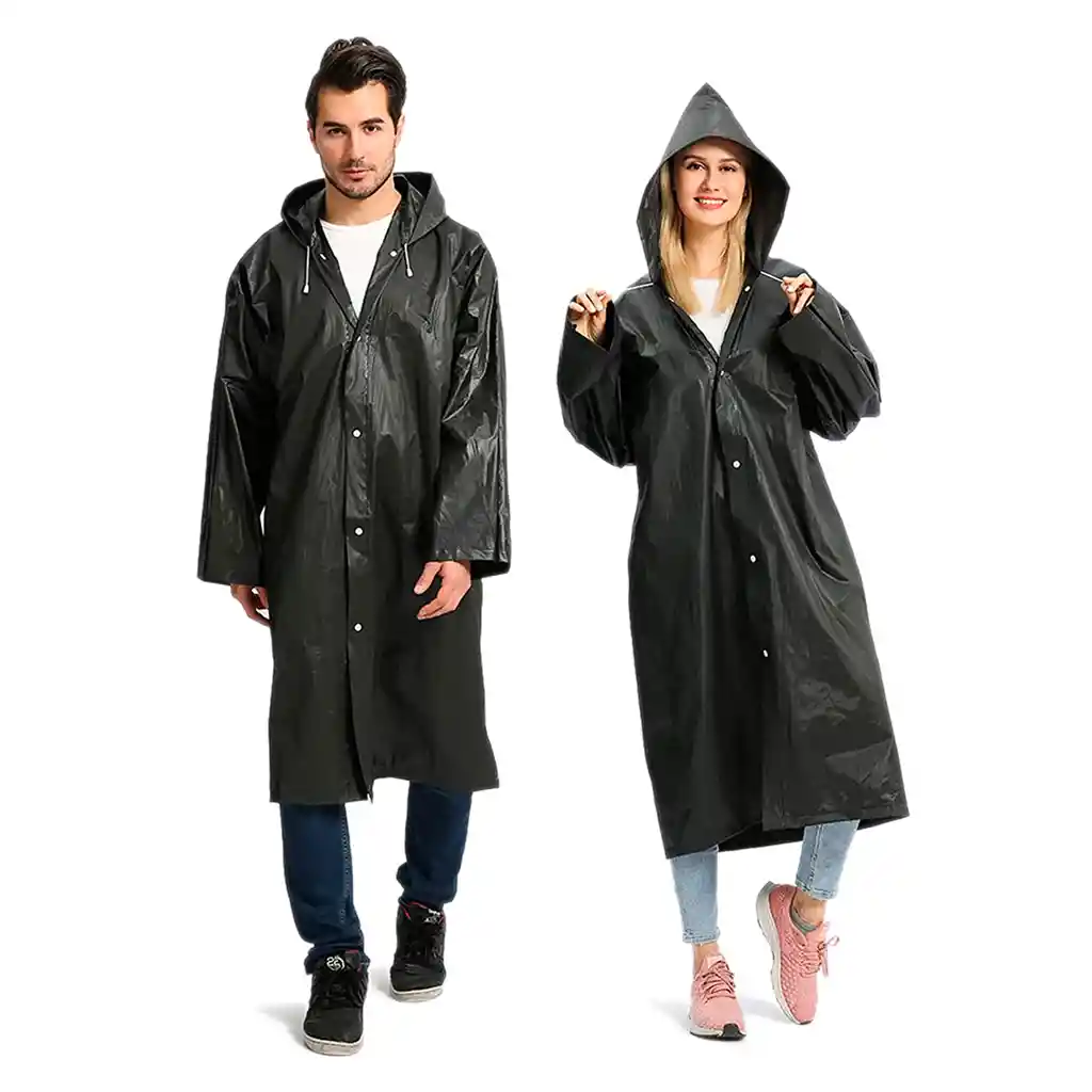Capa Lluvia Adulto Botones Impermeable Eva Chaqueta Capota Negro 150x70cm