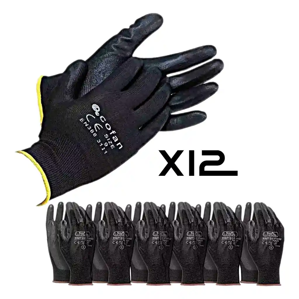 Guantes Negros Poliuretano X12 Pares Mecánico Seguridad Moto Talla 10