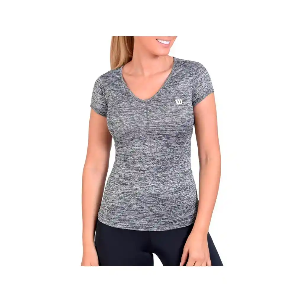 Camiseta Cuello V Wilson Jaspeada 71566 Mujer Gym Fitness Negro L