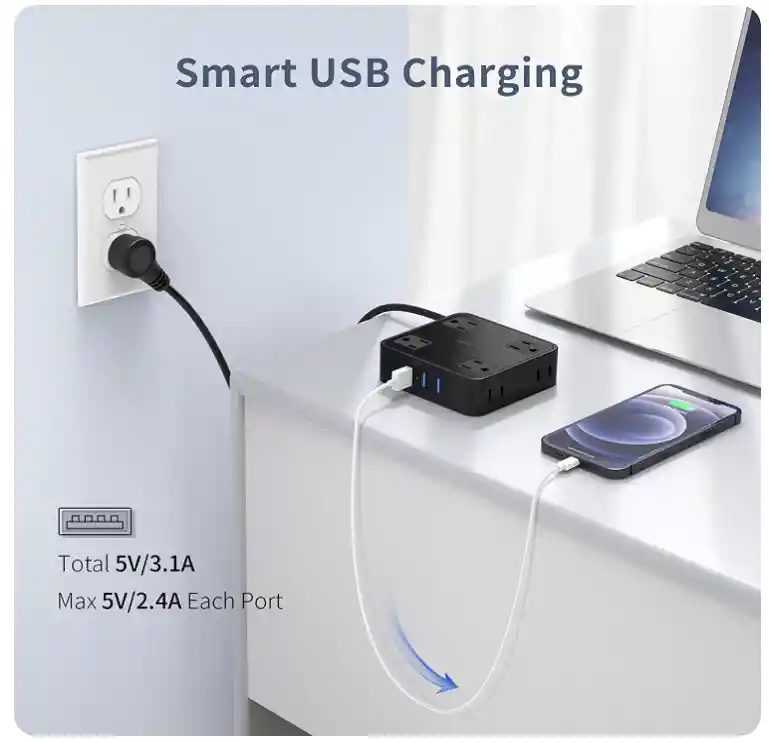 Regulador Protector Contra Sobretensiones De Regleta De Alimentación, 8 Tomas De Corriente Espaciadas Y 3 Puertos Usb, Cable De Extensión De Enchufe Plano De 5 Pies, 1050 Julios, Montaje En Pared