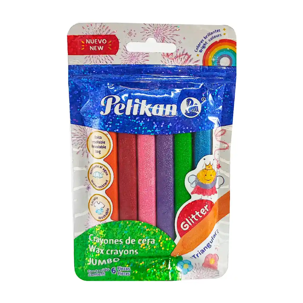Crayones De Cera Pelikan, Triangulares Jumbo Glitter X 6 Colores