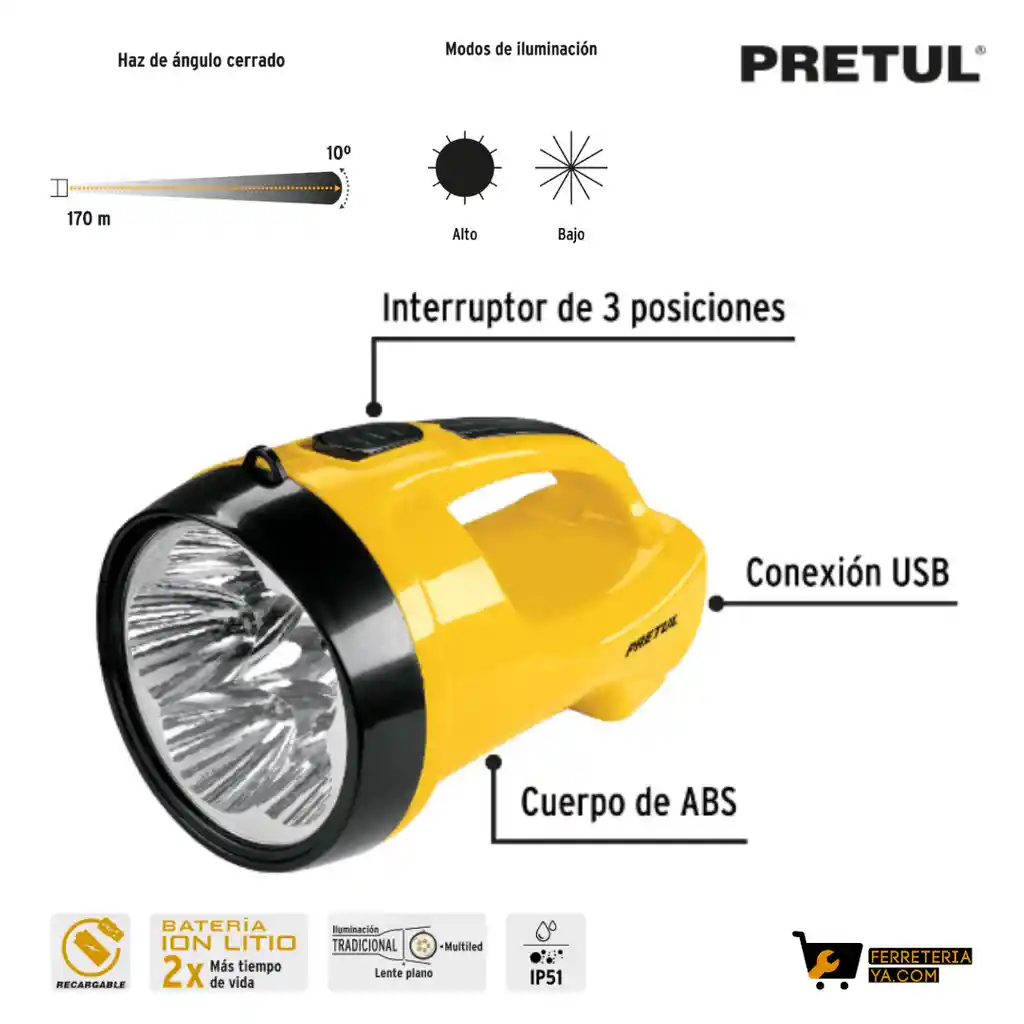 Linterna Led Recargable Pretul 200 Lumenes - 24091