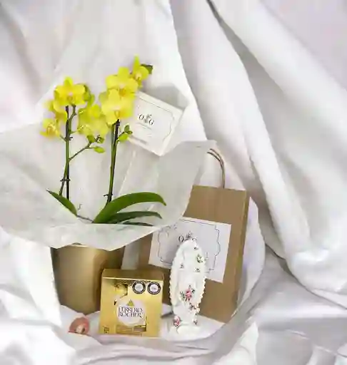 Combo Orquideas Amarillas- Virgen 14 Cms Y Ferreros