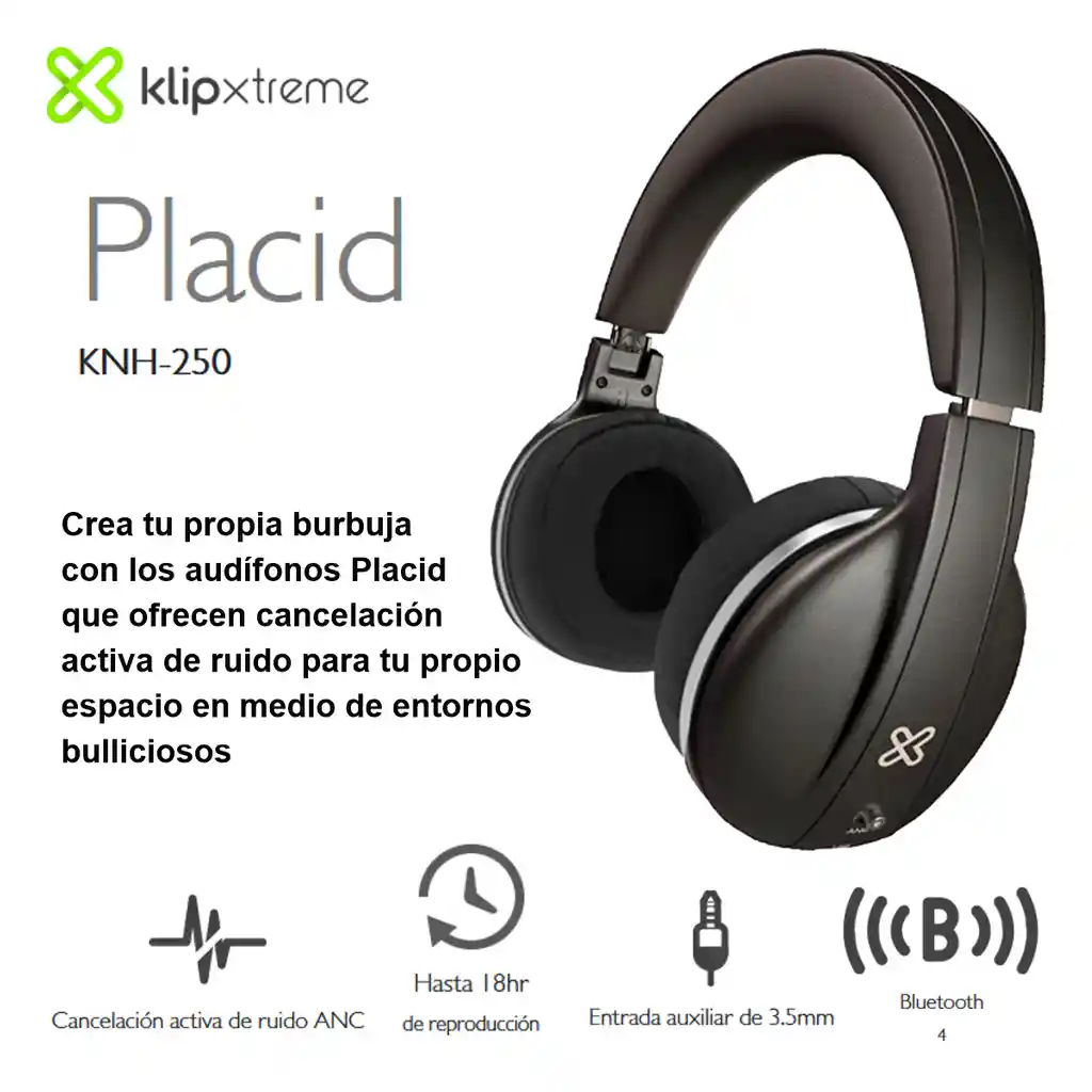 Diadema Bluetooth Cancelación Ruido Anc, Klip Xtreme Placid Knh-250