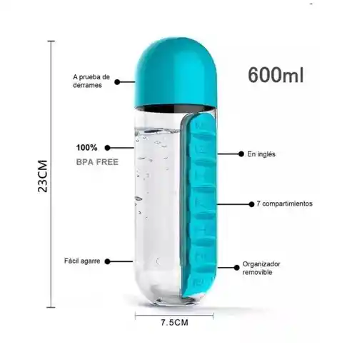 Botella Termo Agua Pastillero Organizador Píldoras 600 Ml