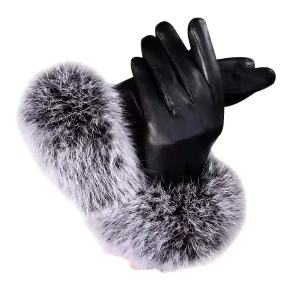 Guantes Cuero Sintetíco Peludos Int. Piel Conejo Hollywood Negro