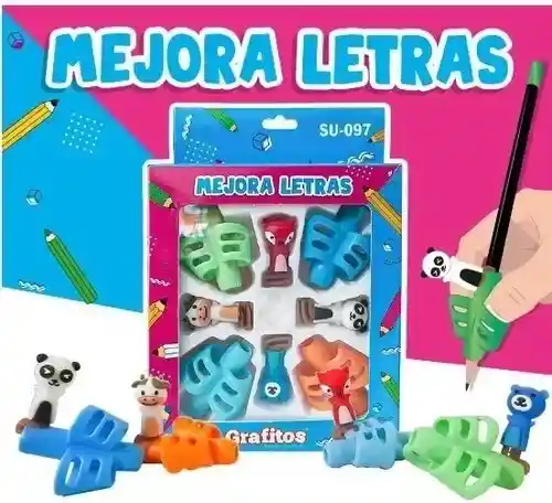 Set Mejora Letra Adaptador De Lapiz X4 Con Animalitos