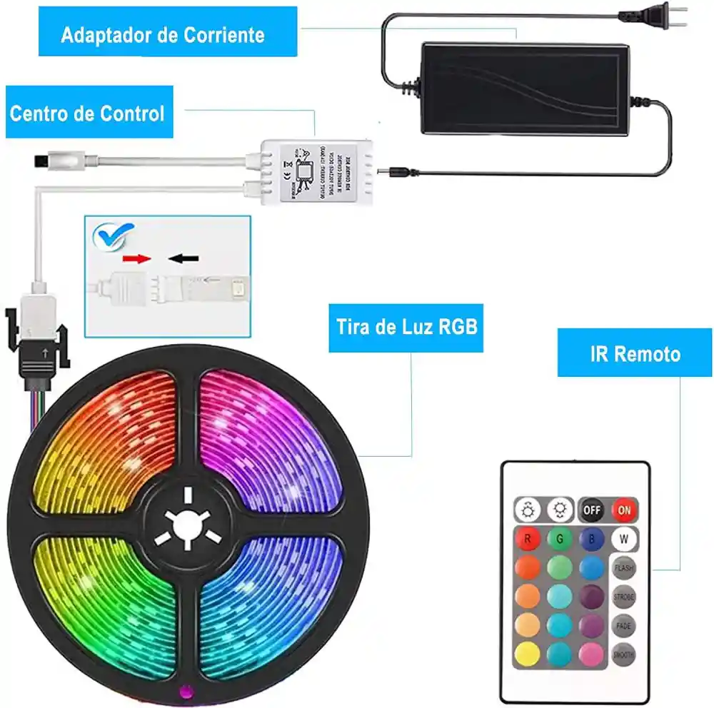 Cinta De Luz Led 5 Metros Rgb Control Remoto Adaptador 12v