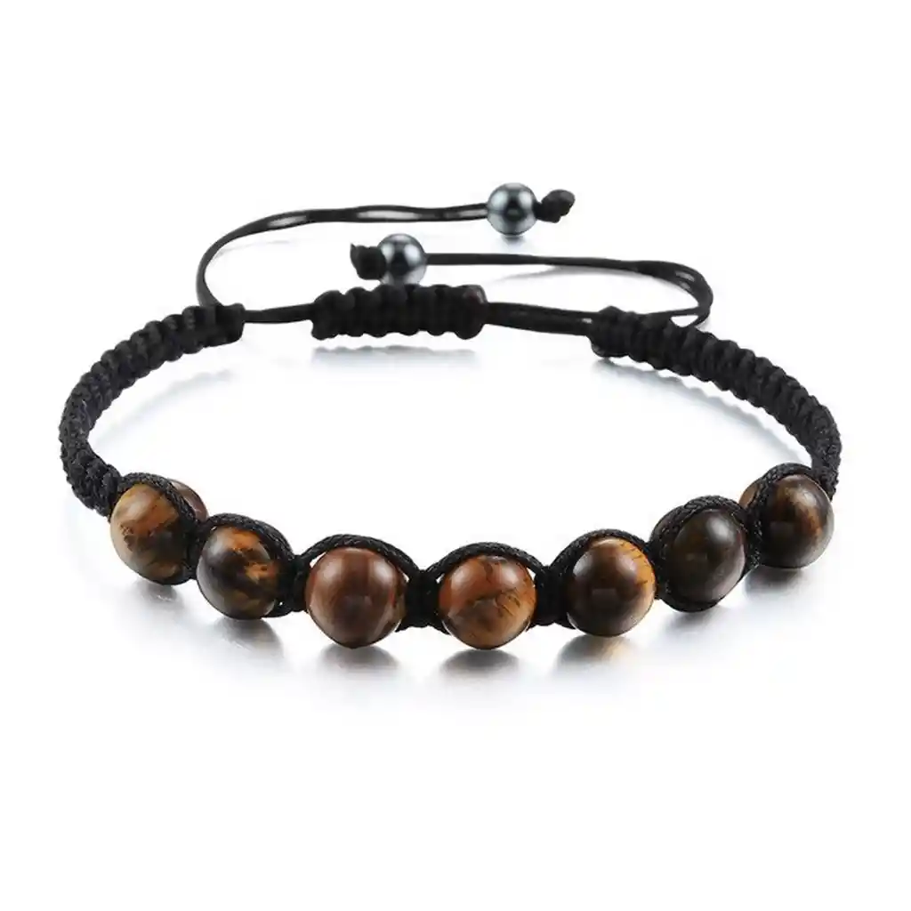 Pulsera Cuarzos Ojo De Tigre Tejida Unisex + Estuche