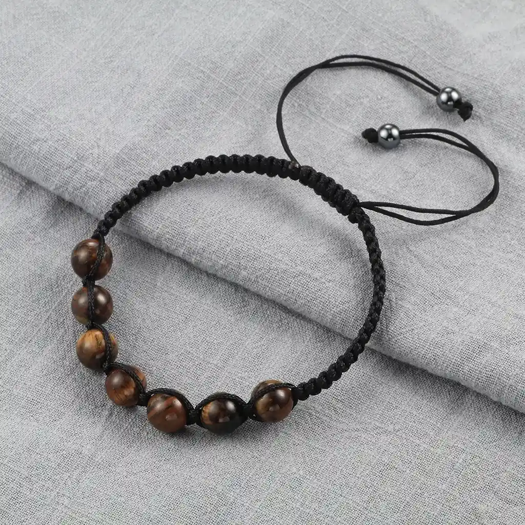 Pulsera Cuarzos Ojo De Tigre Tejida Unisex + Estuche