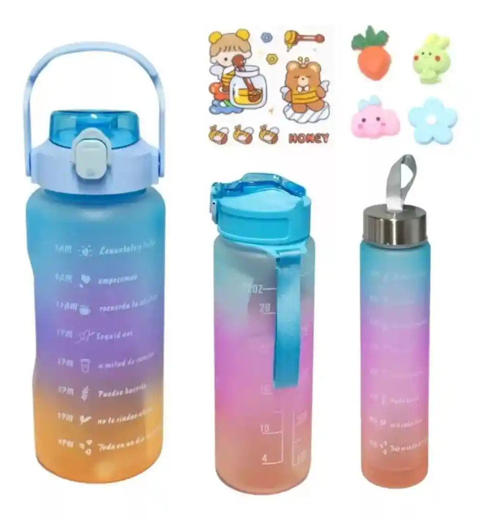 Set De 3 Termos Botella Agua Motivacional + Stickers Y Pines