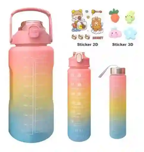 Set De 3 Termos Botella Agua Motivacional + Stickers Y Pines