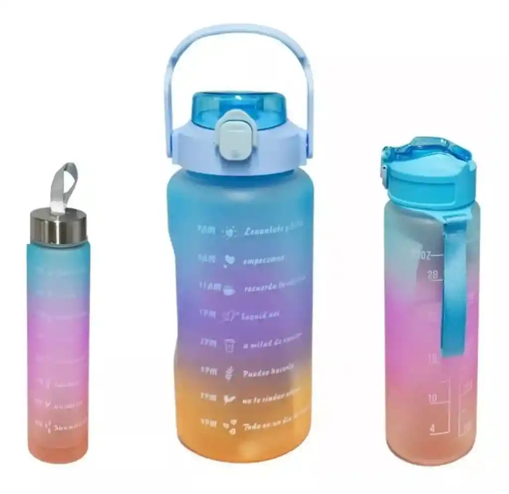 Set De 3 Termos Botella Agua Motivacional + Stickers Y Pines