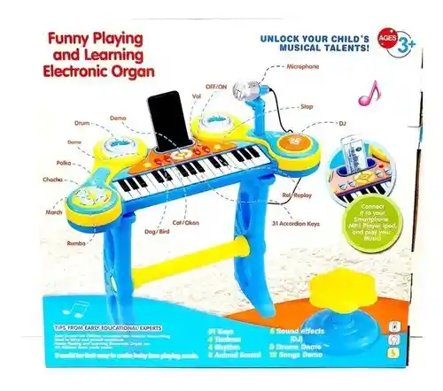 Juguete Organeta Piano Teclado Mp3 Con Sillita, Base Para Niño