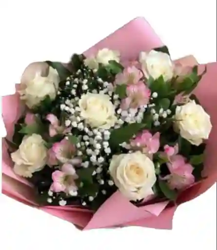 Bouquet De 6 Rosas Blancas Y Astromelia Rosada