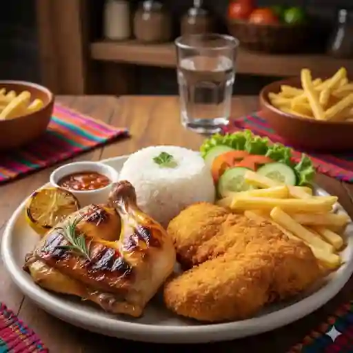 Bandeja con 1/4 de pollo asado o apanado