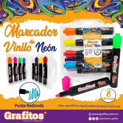 Paquete Marcadores Grafito De Vinilo Neon Punta Redonda X8 Unidades Surtida