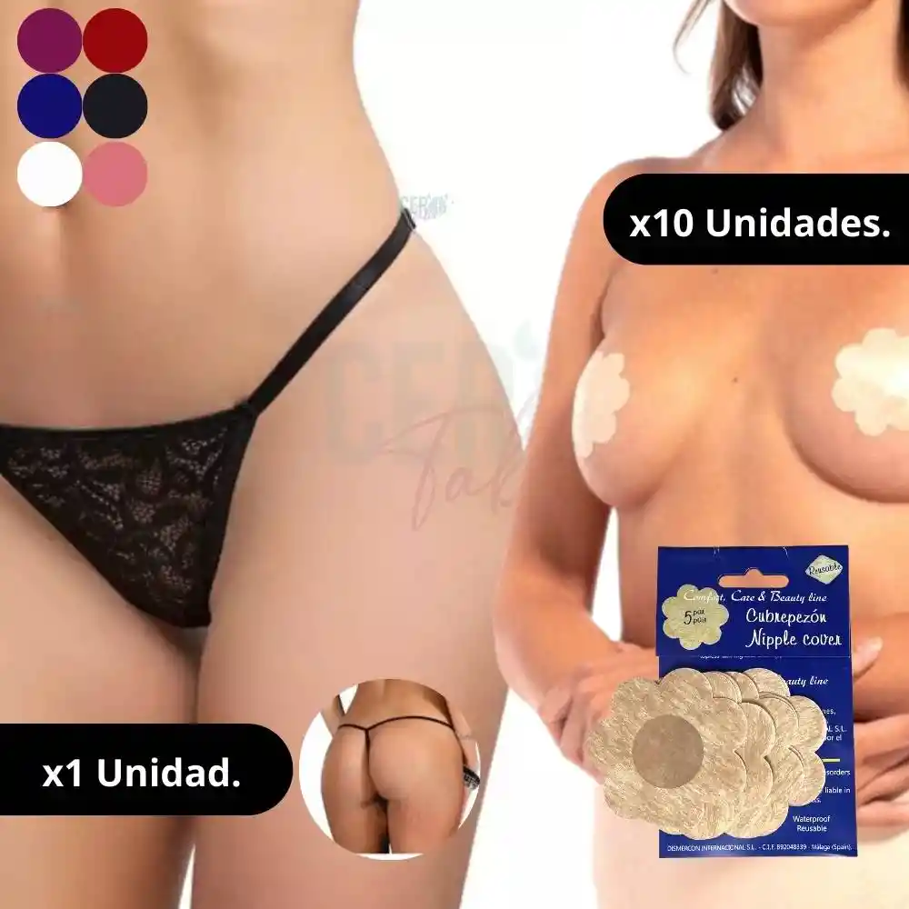 X1 Tanga Brasilera Ajustable Panty Panties Cubre Pezones X10