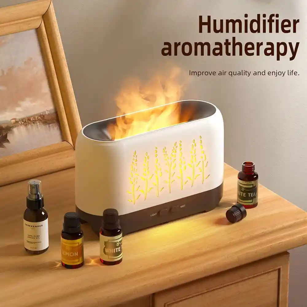 Difusor De Aromas Humidificador Luz Led Efecto Fuego 200ml Blanco