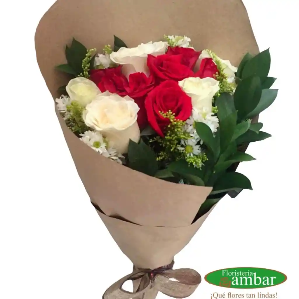 Bouquet De Rosas Combinadas Con Rusco Y Moño De Yute