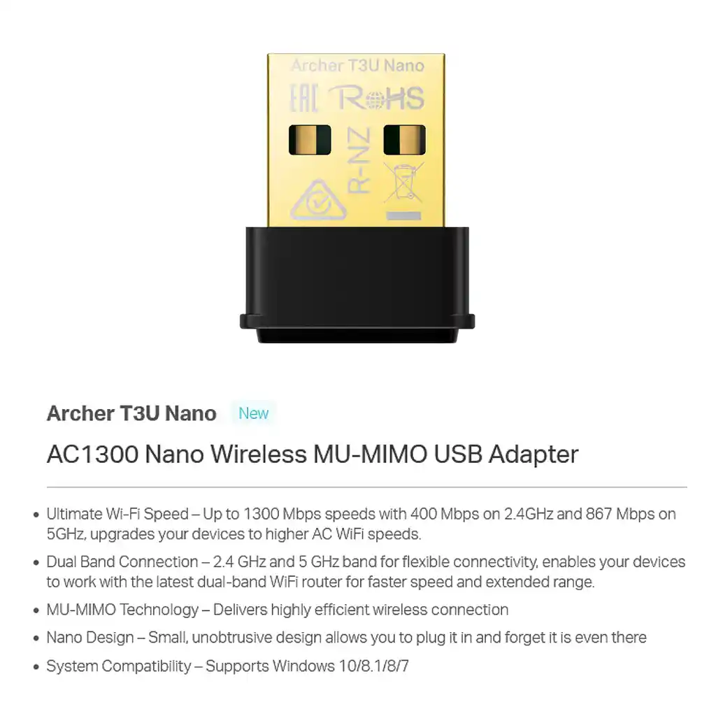  Adaptador Usb Wifi Dual Band Ac1300 Tp-Link Archer T3U Nano 