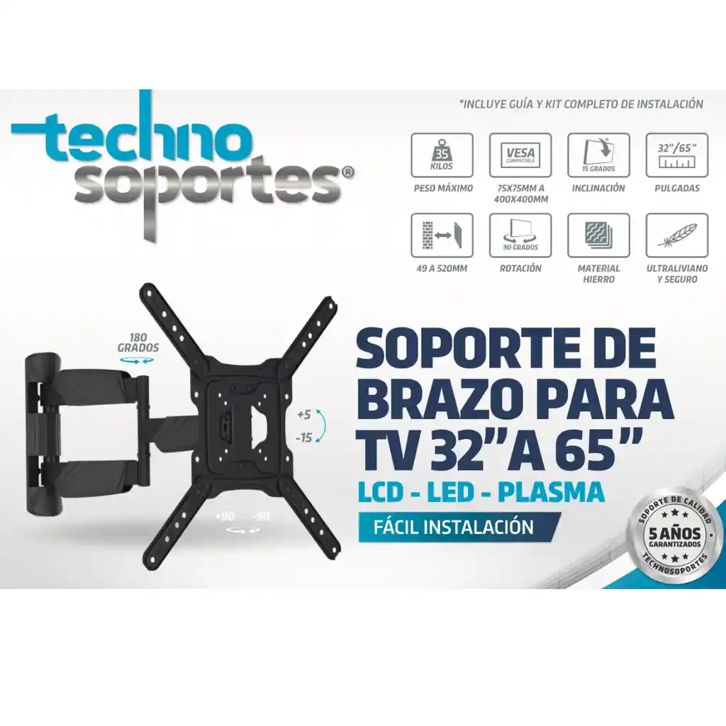 Soporte De Brazo Para Tv 32″ A 65″ Lcd / Led / Plasma +kit De Limpieza Para Dispositivos Electronicos, Incluye Paño De Microfibra Alta Calidad