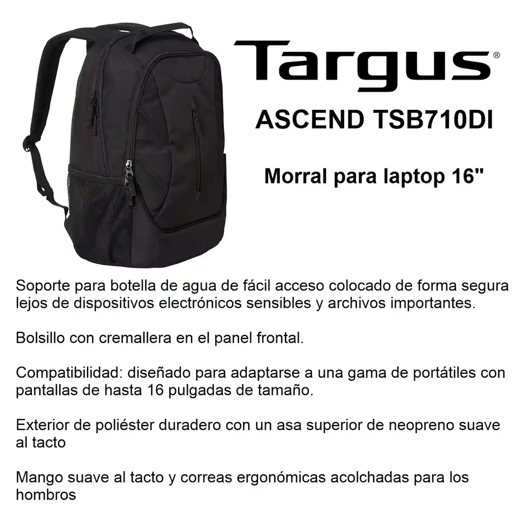 Morral Targus Ascend Backpack Tsb710 Negro Laptop Hasta 16