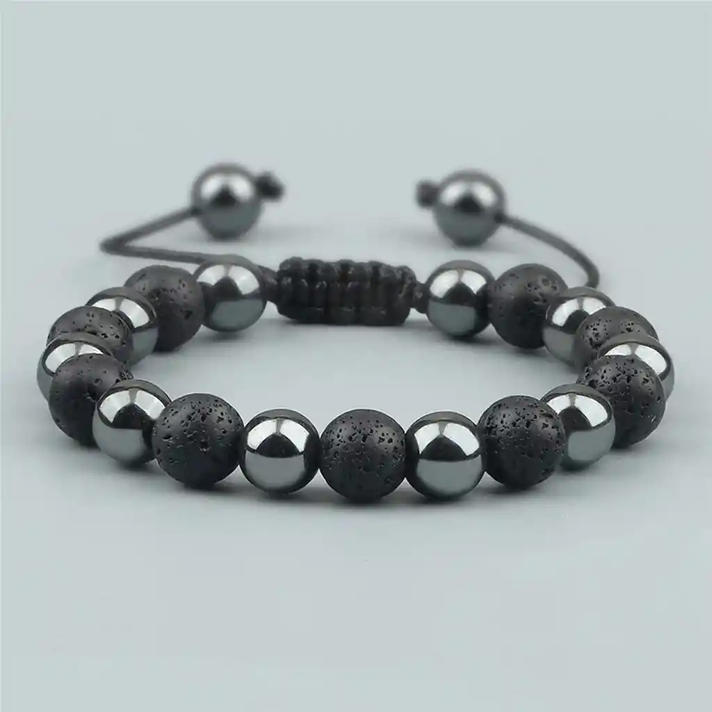 Pulsera Cuarzo Hematita Piedra Volcanica Tejida Unisex