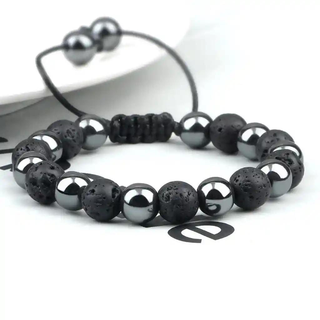 Pulsera Cuarzo Hematita Piedra Volcanica Tejida Unisex