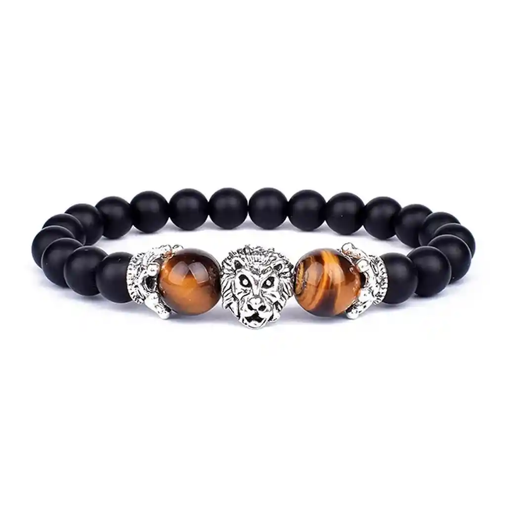 Pulsera Cuarzo Ojo De Tigre Leon Piedra Volcanica + Estuche