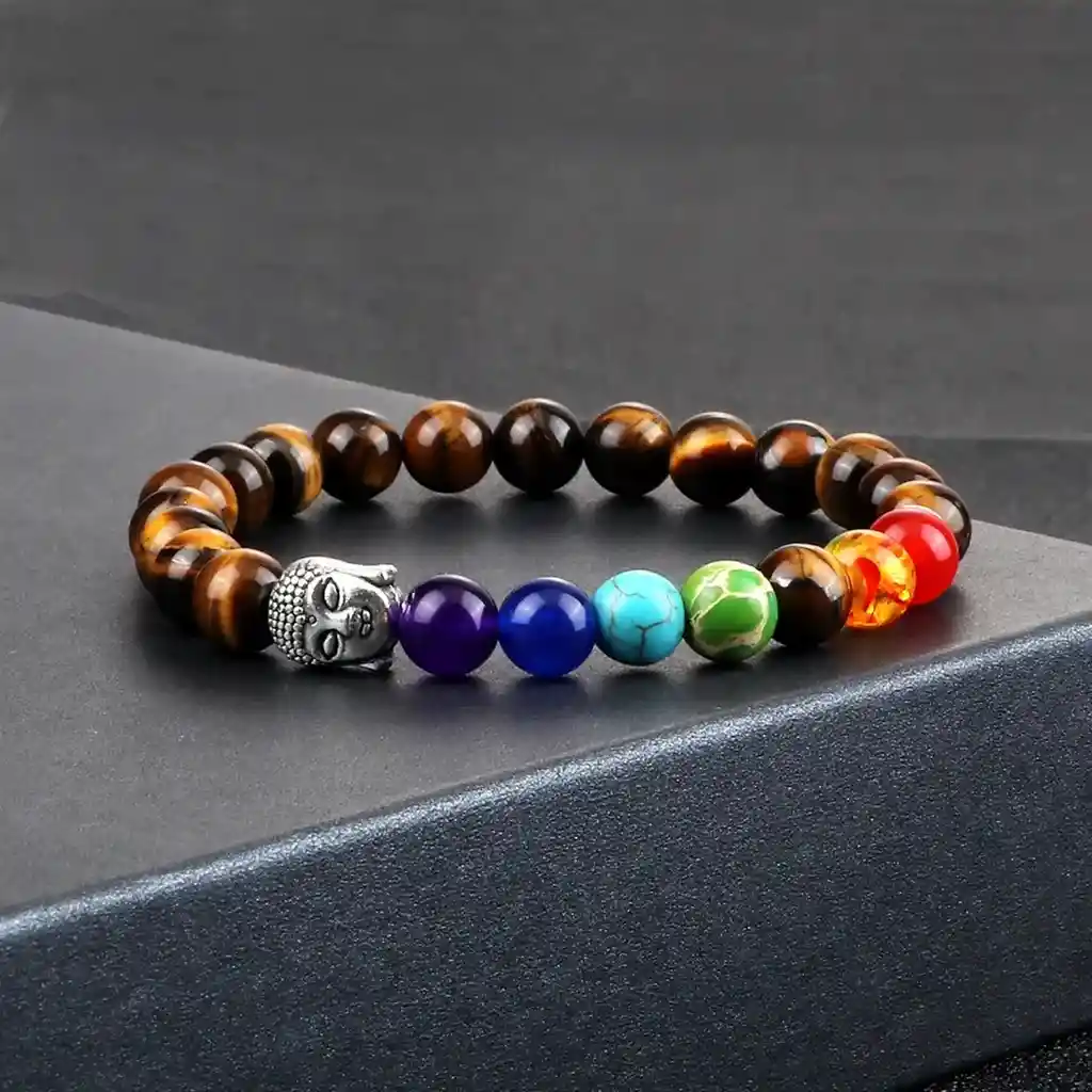 Pulsera Buda Cuarzo Ojo De Tigre 7 Chakras + Estuche