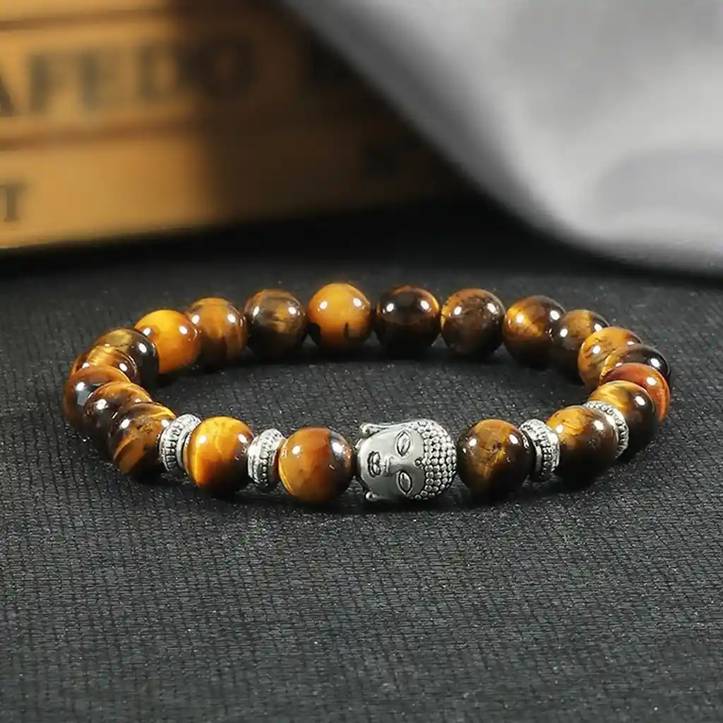 Pulsera Buda Sabiduria Cuarzo Ojo De Tigre + Estuche