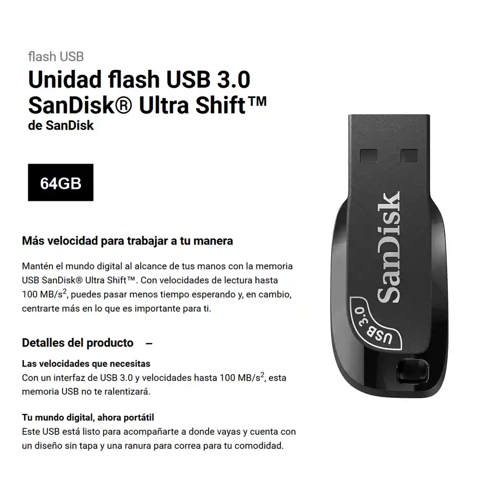 Memoria Flash Sandisk Ultra Shift Usb 3.0 De 64gb, 100mb/s