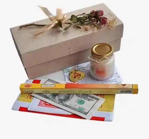 Kit Regalo De Abundancia, Contiene: Vela Aromatizada, Tarjeta De Meditación, Juego Papel Oriental, Incienso Y Monedas