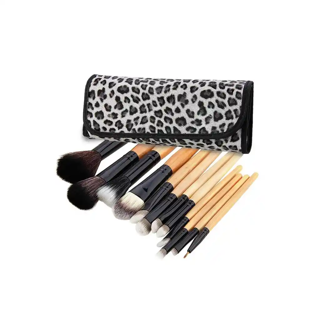 Set 12 Brochas Pinceles Maquillaje + Estuche Animal Print