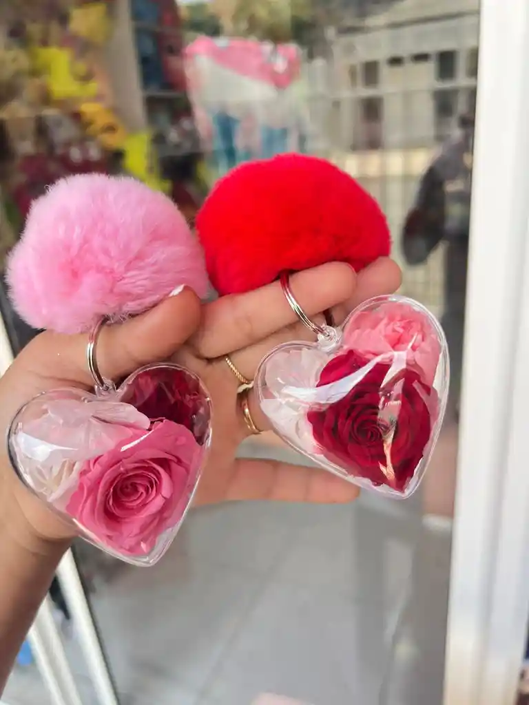 Flor Preservada Con Llavero Peluche.