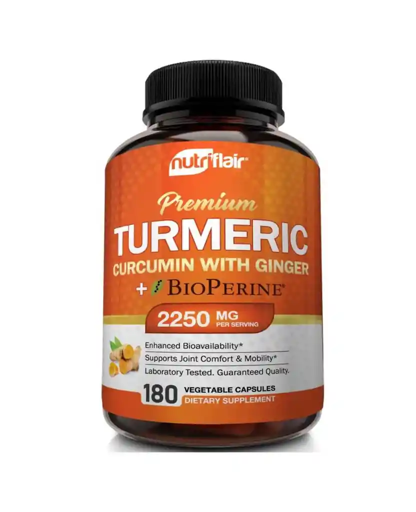 Nutriflair Premium Turmeric Curcumina Con Jengibre + Bioperina Mobilidad Articular 2250 Mg 180 Capsulas