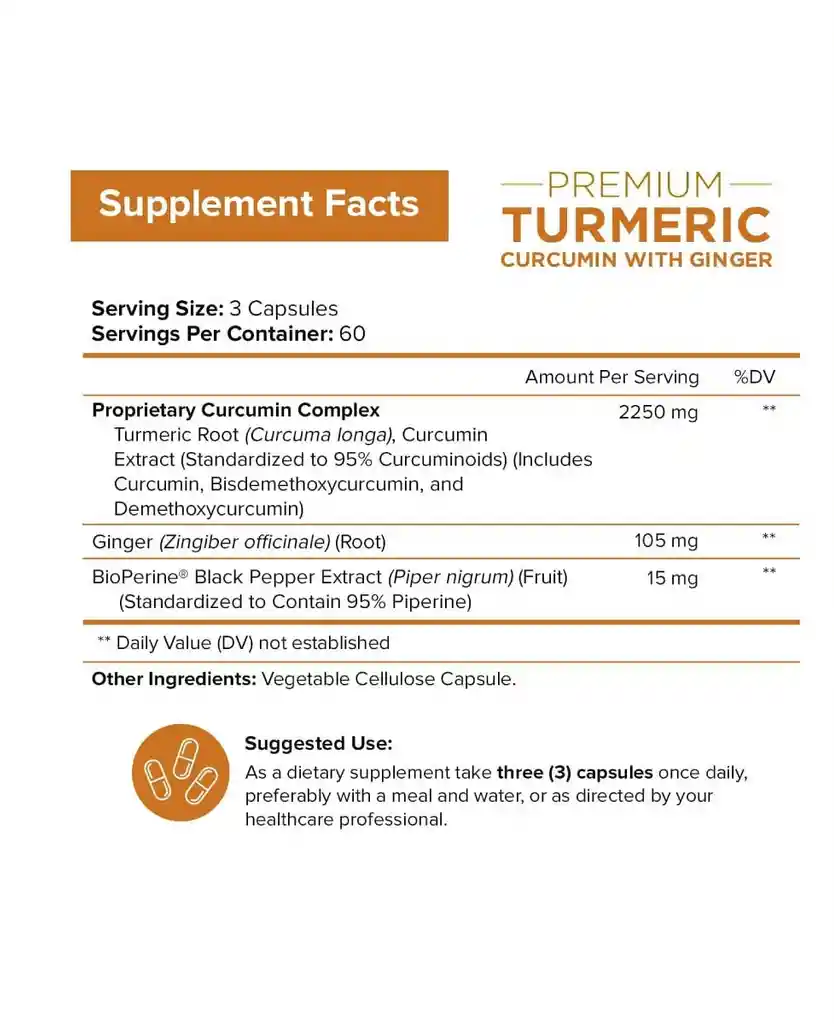 Nutriflair Premium Turmeric Curcumina Con Jengibre + Bioperina Mobilidad Articular 2250 Mg 180 Capsulas