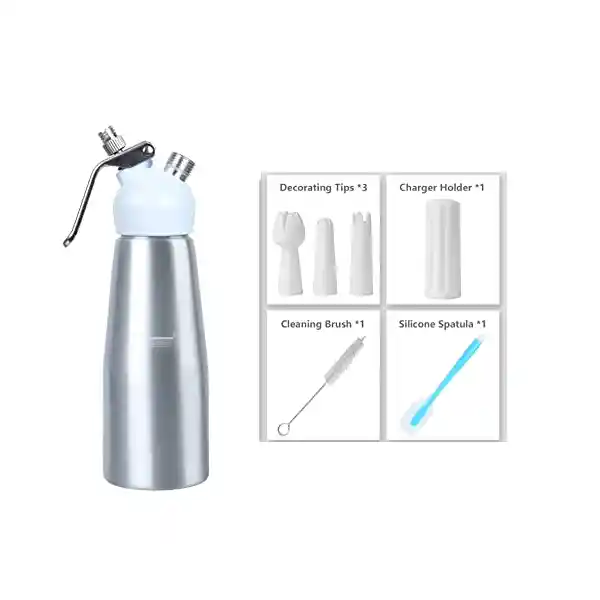 Dispensador Crema Batida Aluminio 500ml + 3 Boquillas + Espatula