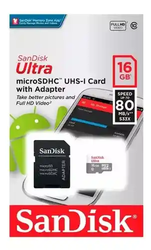 Memoria Micro Sd Sandisk 16gb Clase 10 80mb/s Rápida