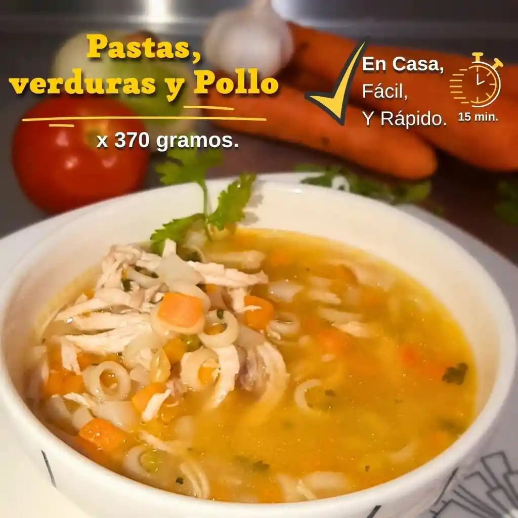 Sopa Pastas, Verduras Y Pollo X 370 Gramos. Congelada Y Empacada Al Vacío