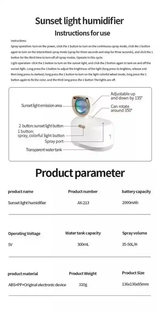 Humificador De Aromas Luz Led Atardecer Sunset Light