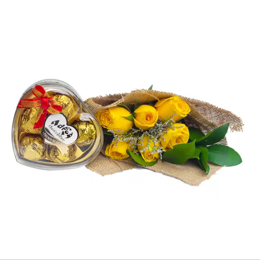 Arreglo Floral, 6 Rosas Amarillas Y Chocolates X5
