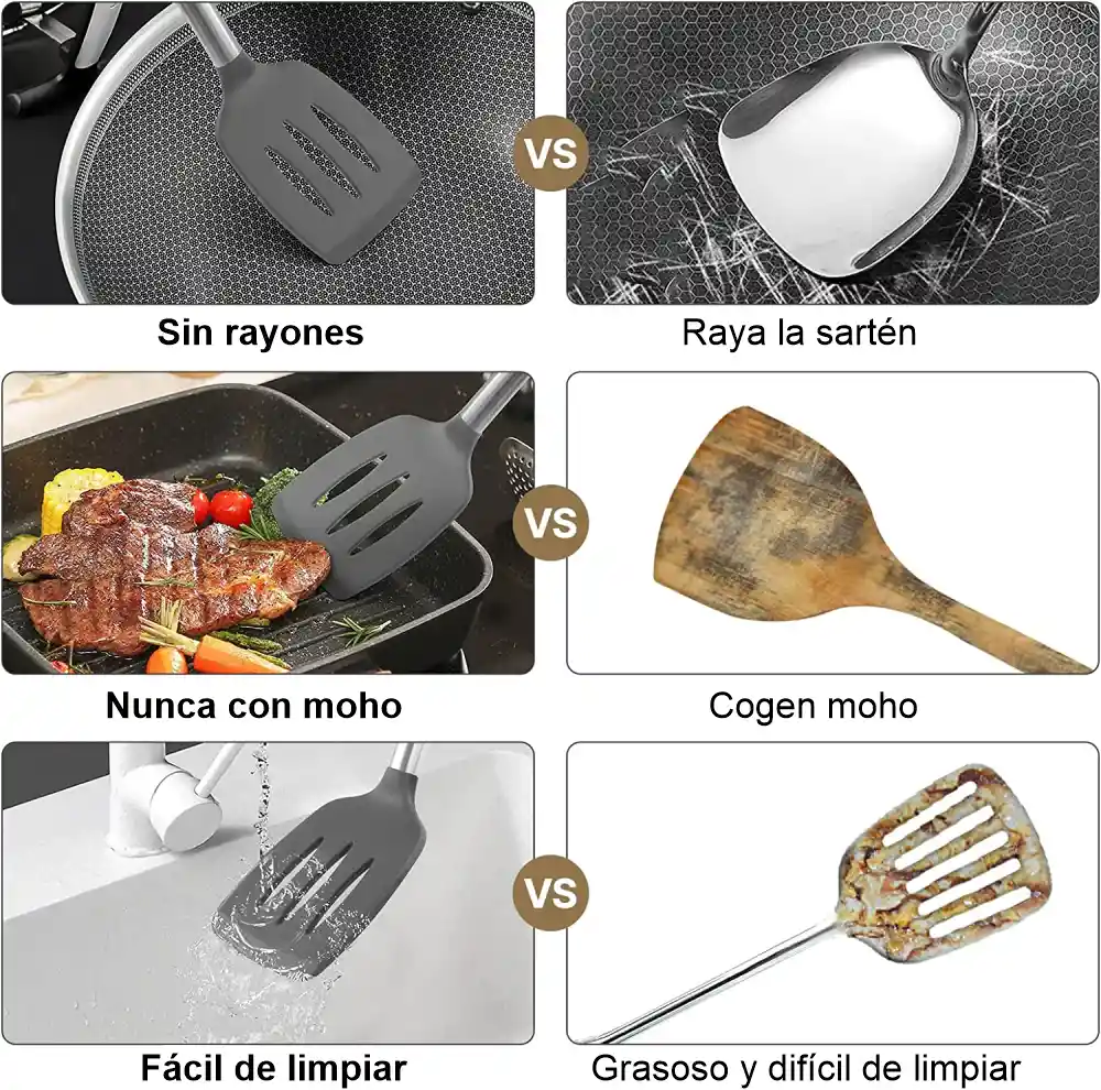 Set 12 Utencilios Cocina Silicona Resistentes Mango Acero Inoxidable