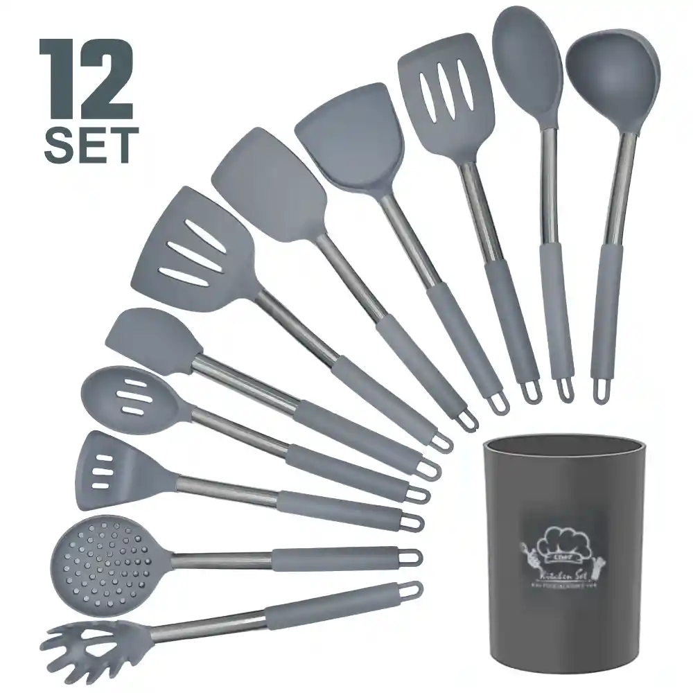 Set 12 Utencilios Cocina Silicona Resistentes Mango Acero Inoxidable