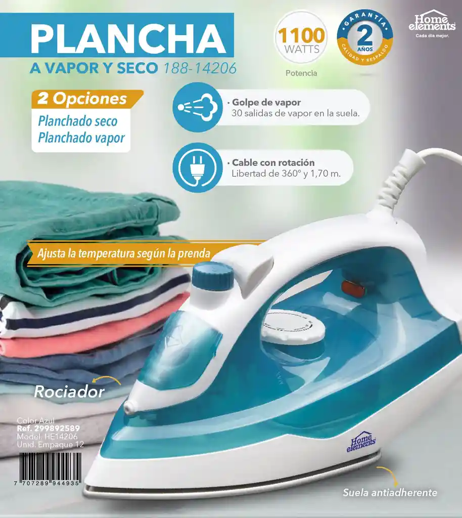 Plancha Vapor Home Elements Antiadherente