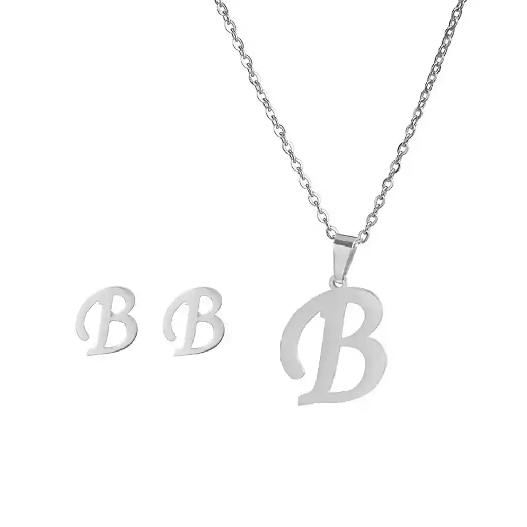 Collar Inicial Letra B Juego Joya + Arete Incial B + Estuche