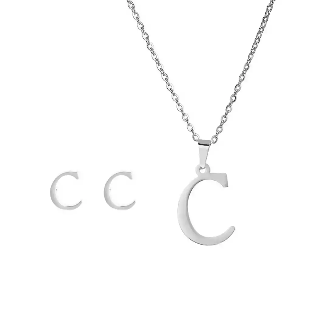 Collar Inicial Letra C Juego Joya + Arete Incial C + Estuche