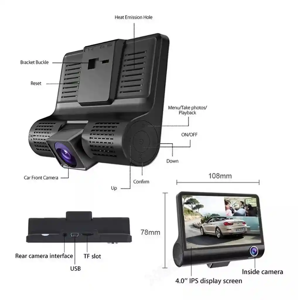 Cámara Para Carro Dvr 3 Lentes 1080p Full Hd Dash Cam 3 En 1